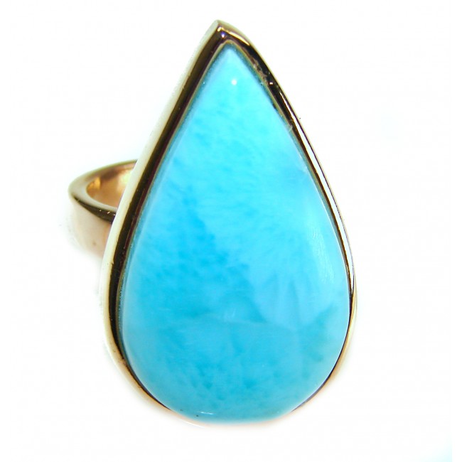 Blue Perfection Blue Larimar 18K Gold over .925 Sterling Silver handmade Large ring size 8 adjustable - Close-up of Blue Larimar teardrop ring in 18K gold over sterling silver.