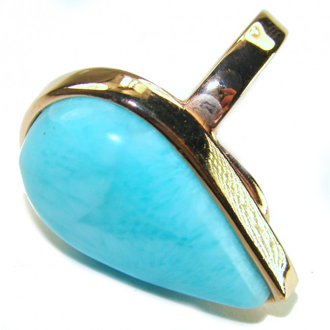 Blue Perfection Blue Larimar 18K Gold over .925 Sterling Silver handmade Large ring size 8 adjustable - Blue Larimar stone with 18K gold over sterling silver, close-up view.