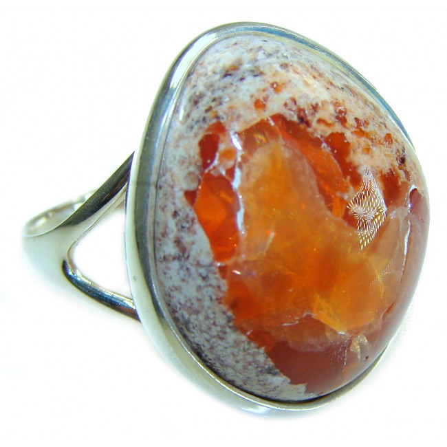 24.5 carat Authentic Mexican Opal .925 Sterling Silver handcrafted ring size 8 3/4 - Close-up of 24.5 carat Mexican Opal in .925 Sterling Silver setting.