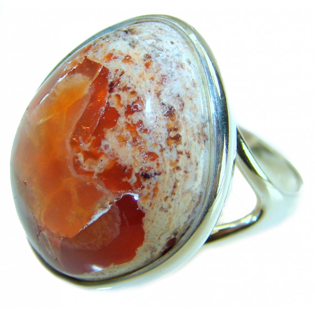 24.5 carat Authentic Mexican Opal .925 Sterling Silver handcrafted ring size 8 3/4 - Close-up of 24.5 carat Mexican Opal in .925 Sterling Silver setting.