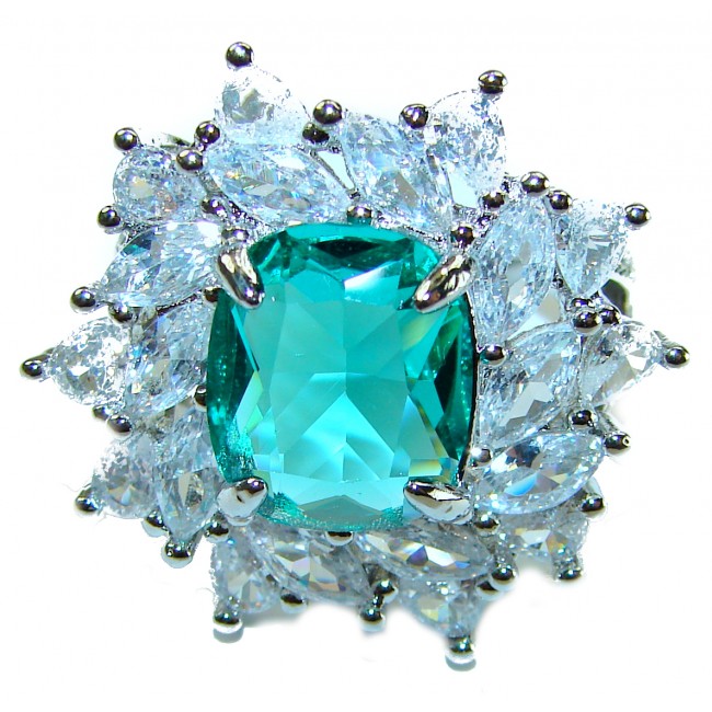 Luxurious 6.5 ctw Colombian Emerald .925 Sterling Silver handcrafted Statement Ring size 7 1/2 - Close-up of luxurious Colombian emerald ring with sterling silver setting.
