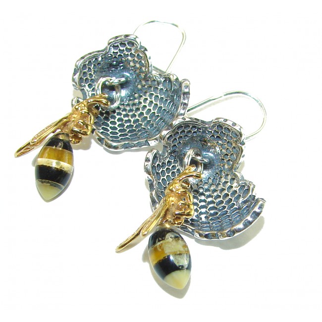 Very Special product - Wonderful Bees Baltic Amber 18K Gold over .925 Sterling Silver entirely handcrafted earrings
