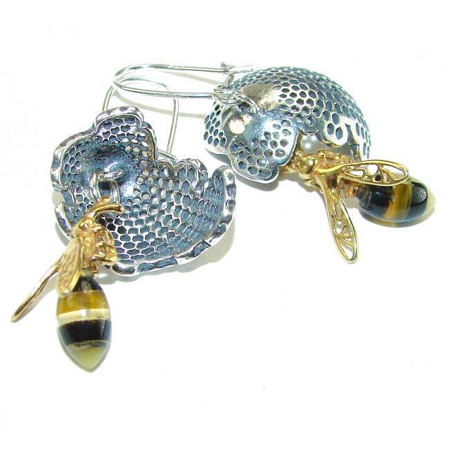 Very Special product - Wonderful Bees Baltic Amber 18K Gold over .925 Sterling Silver entirely handcrafted earrings