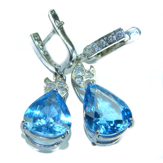 Atlantica 10.7 carat Swiss Blue Topaz .925 Sterling Silver Handcrafted Statement earrings - Close-up of Atlantica Swiss Blue Topaz earrings in sterling silver.