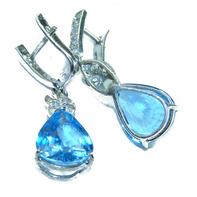 Atlantica 10.7 carat Swiss Blue Topaz .925 Sterling Silver Handcrafted Statement earrings - Close-up of Atlantica Swiss Blue Topaz earrings in sterling silver.