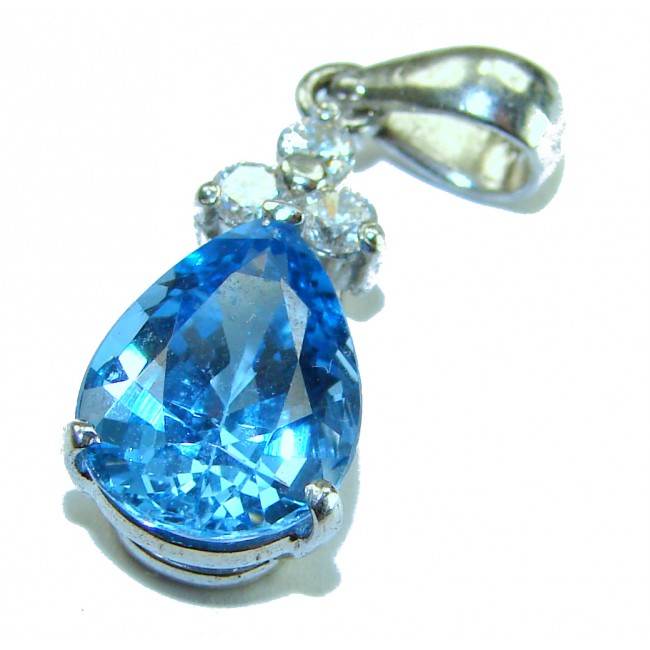 Atlantica 8.5 carat Swiss Blue Topaz .925 Sterling Silver Handcrafted pendant - Close-up of teardrop blue topaz pendant in sterling silver setting
