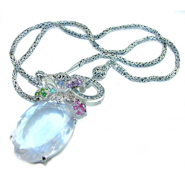 Precious genuine 42.9 carat Brazilian Rose Quartz .925 Sterling Silver handcrafted HEAVY Necklace, 20 inches long
