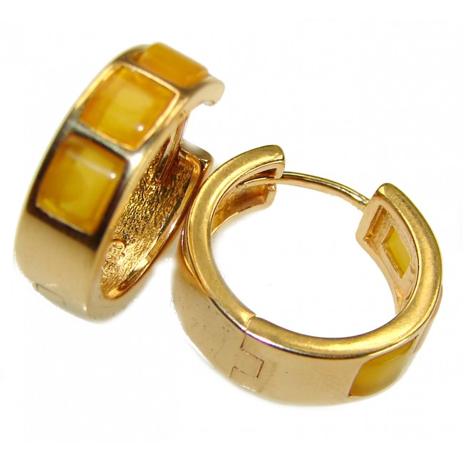inlay Natural Amber 14K Gold over .925 Sterling Silver handmade hoop earrings