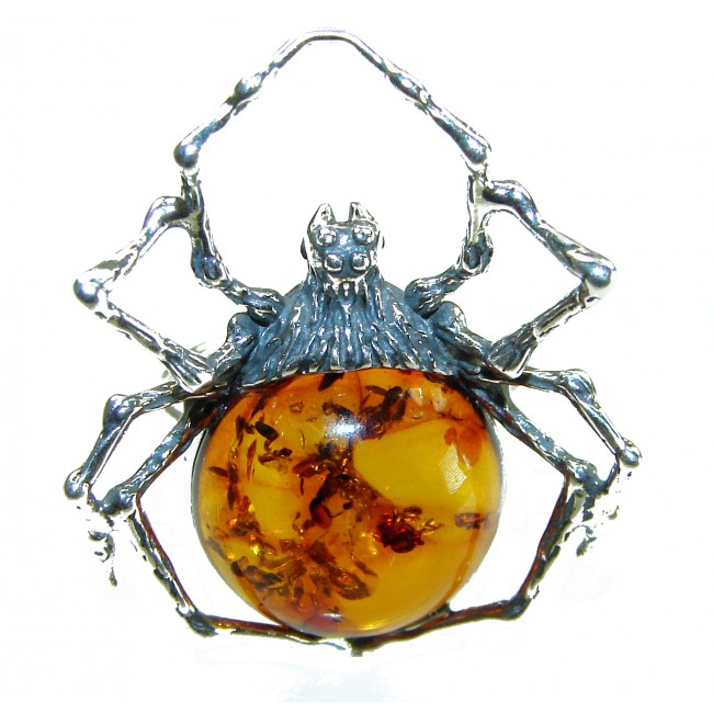 Golden Spider Authentic Baltic Amber .925 Sterling Silver handcrafted ring; s. 7 adjustable - Spider pendant amber and silver, front view, product detail.