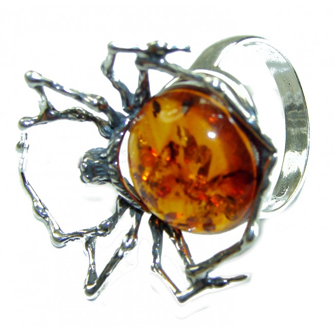 Golden Spider Authentic Baltic Amber .925 Sterling Silver handcrafted ring; s. 7 adjustable - Spider design ring with amber stone, front angle view