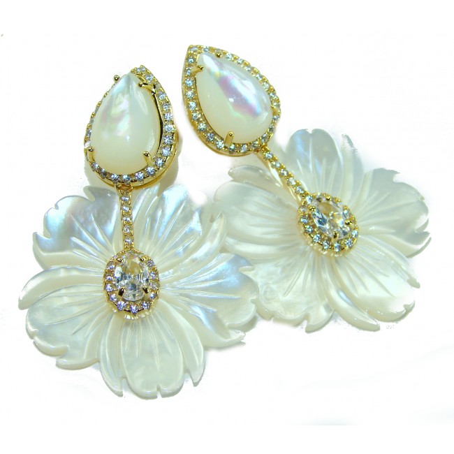 Genuine Blister Pearl lab grown Diamond 18K Gold over .925 Sterling Silver handcrafted Large Statement Earrings - photo 4