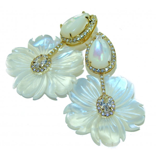 Genuine Blister Pearl lab grown Diamond 18K Gold over .925 Sterling Silver handcrafted Large Statement Earrings - photo 3