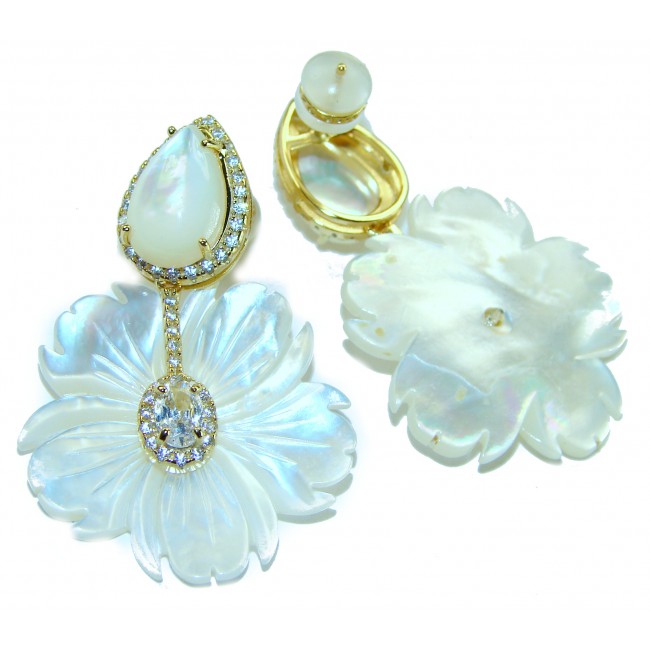 Genuine Blister Pearl lab grown Diamond 18K Gold over .925 Sterling Silver handcrafted Large Statement Earrings - photo 2