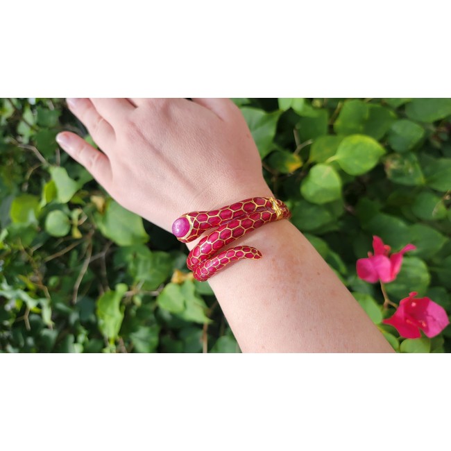 Huge Red Cobra Snake Genuine 8.2 carat natural Kashmir Ruby 18K Gold over .925 Sterling Silver handcrafted Bracelet
