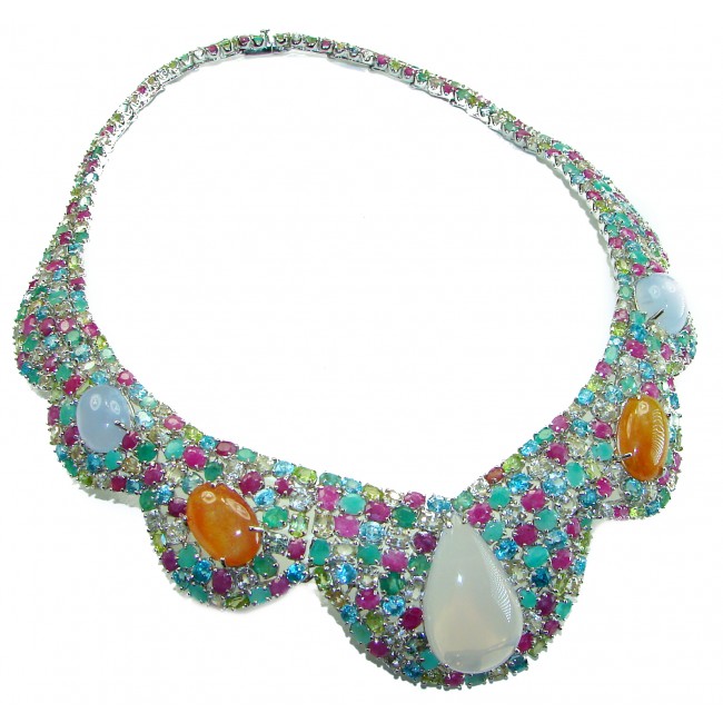 157.8 grams Marie Antoinette's Style Natural multi color Gems .925 Sterling Silver handmade Necklace