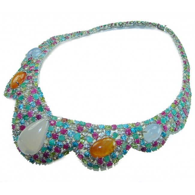 157.8 grams Marie Antoinette's Style Natural multi color Gems .925 Sterling Silver handmade Necklace