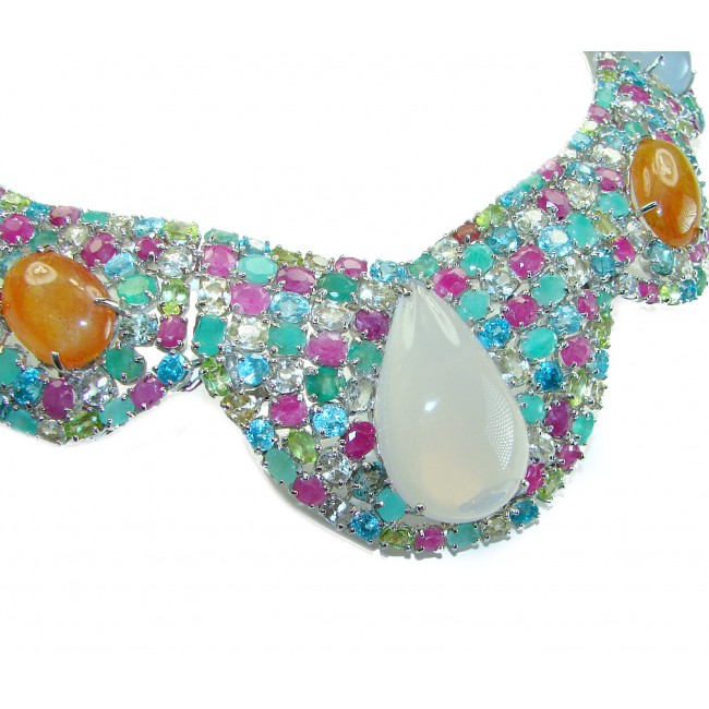 157.8 grams Marie Antoinette's Style Natural multi color Gems .925 Sterling Silver handmade Necklace