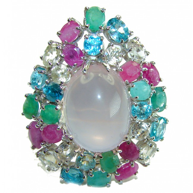 Marie Antoinette's STYLE authentic 32.5 carat Brazilian Rose Quartz .925 Sterling Silver handcrafted Statement ring; s. 8 - Oval gemstone ring with multicolored stones, front view.