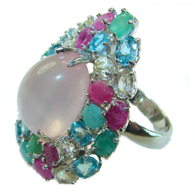 Marie Antoinette's STYLE authentic 32.5 carat Brazilian Rose Quartz .925 Sterling Silver handcrafted Statement ring; s. 8 - Close-up of Marie Antoinette's style ring with multicolored gemstones.