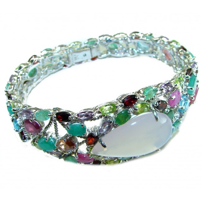 Marie Antoinette's STYLE authentic 52.5 carat Brazilian Rose Quartz .925 Sterling Silver handcrafted Statement Bracelet - Side view of multicolored gemstone bracelet with large central stone