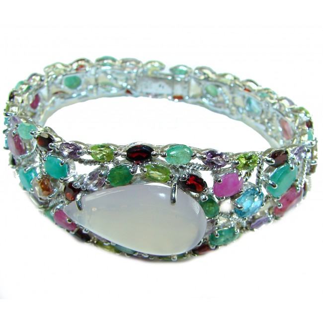 Marie Antoinette's STYLE authentic 52.5 carat Brazilian Rose Quartz .925 Sterling Silver handcrafted Statement Bracelet - Side view of multicolored gemstone bracelet with Brazilian Rose centerpiece.
