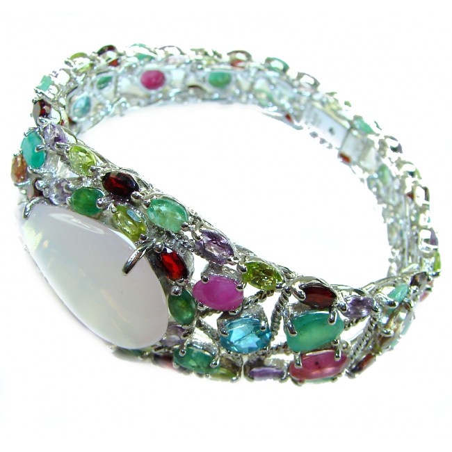 Marie Antoinette's STYLE authentic 52.5 carat Brazilian Rose Quartz .925 Sterling Silver handcrafted Statement Bracelet - Colorful gemstone bracelet, side view with various stones.