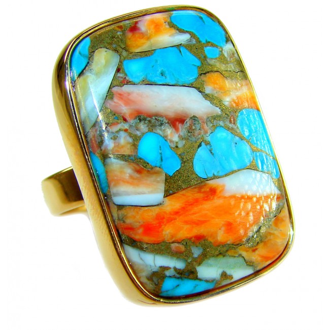 Rare 48.5 carat Oyster Turquoise 18K Gold over .925 Sterling Silver handcrafted Large ring; s. 7 adjustable