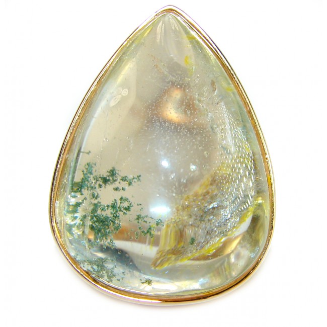 Magic genuine Phantom Quartz 18K Gold over .925 Sterling Silver handmade Cocktail Ring s. 8 adjustable - Close-up of teardrop Phantom Quartz pendant in gold setting.