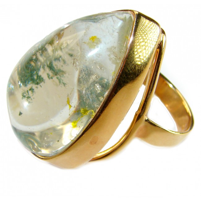 Magic genuine Phantom Quartz 18K Gold over .925 Sterling Silver handmade Cocktail Ring s. 8 adjustable - Magic Phantom Quartz ring in gold setting, side view close-up.