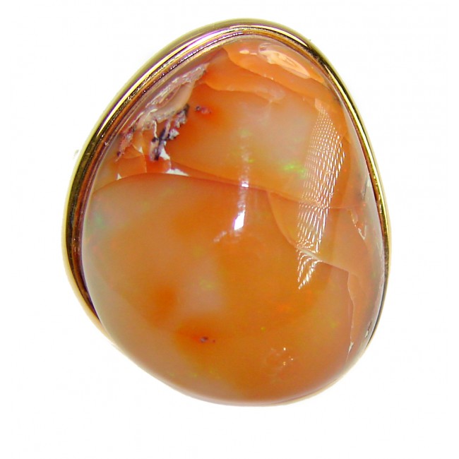Inner Fire best quality 21.4 carat Mexican Opal 18K Gold over .925 Sterling Silver handmade ring 7 adjustable - Close-up of 21.4 carat Mexican Opal in 18K gold setting
