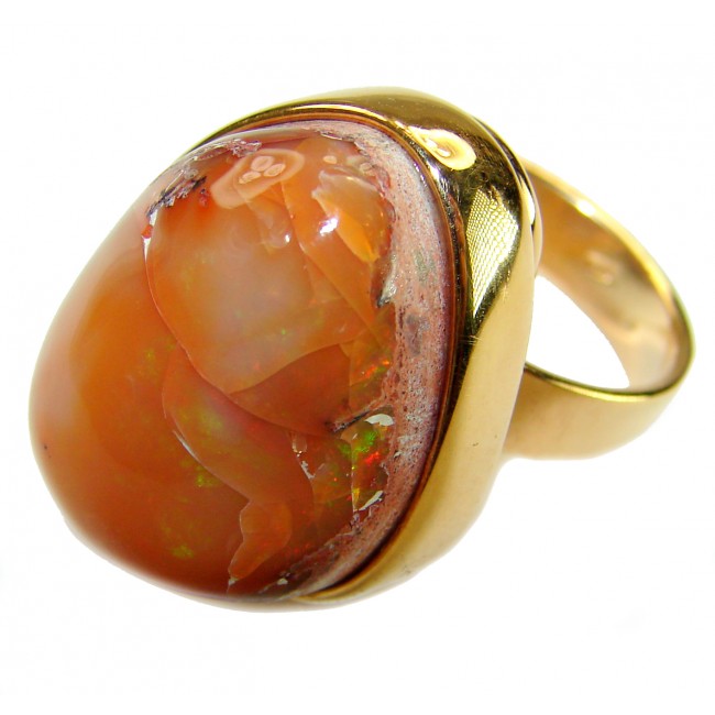 Inner Fire best quality 21.4 carat Mexican Opal 18K Gold over .925 Sterling Silver handmade ring 7 adjustable - Close-up of Mexican Opal ring in 18K gold setting