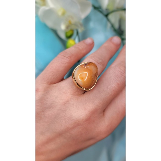 Inner Fire best quality 21.4 carat Mexican Opal 18K Gold over .925 Sterling Silver handmade ring 7 adjustable - Opal ring in 18K gold worn on hand, showcasing stone close-up.