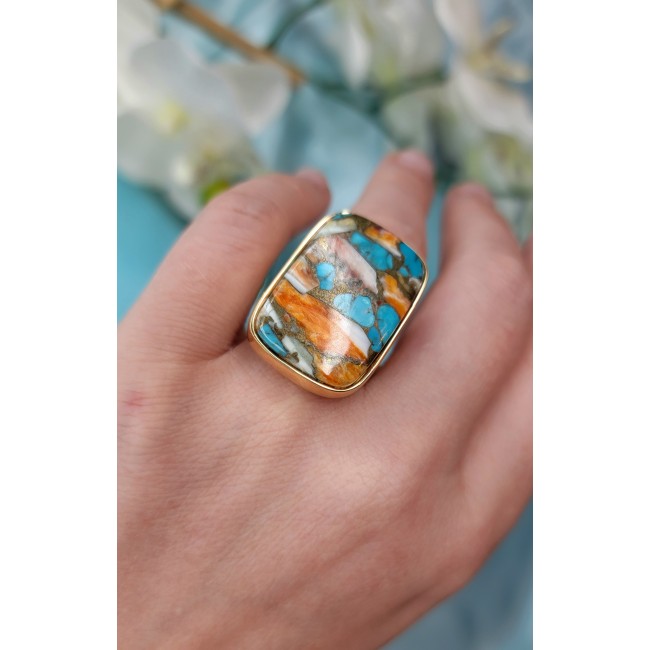 Rare 48.5 carat Oyster Turquoise 18K Gold over .925 Sterling Silver handcrafted Large ring; s. 7 adjustable