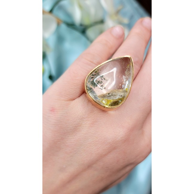 Magic genuine Phantom Quartz 18K Gold over .925 Sterling Silver handmade Cocktail Ring s. 8 adjustable - Phantom Quartz ring in 18K gold on hand, close-up view.