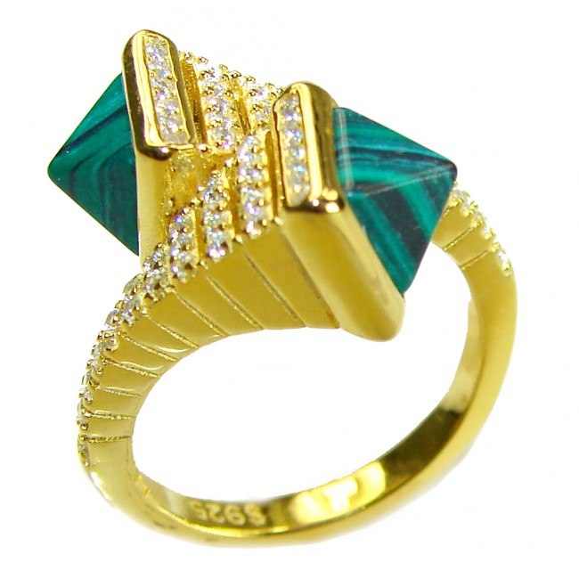 Outstanding authentic 5.9 carat Malachite 18K Gold over .925 Sterling Silver handcrafted ring size 6