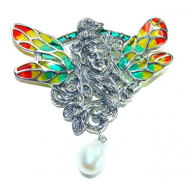 Mother Nature genuine Enamel Pearl .925 Sterling Silver handmade Pendant - Brooch