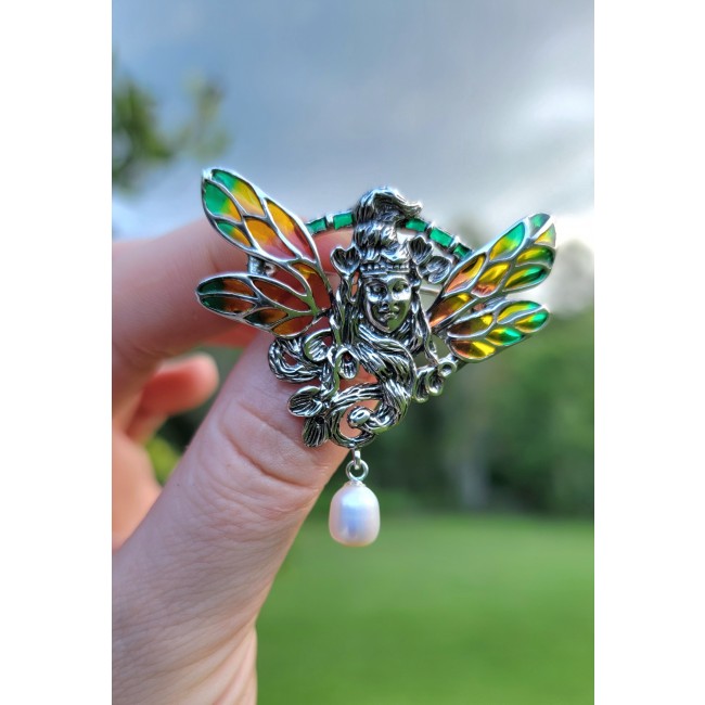 Mother Nature genuine Enamel Pearl .925 Sterling Silver handmade Pendant - Brooch