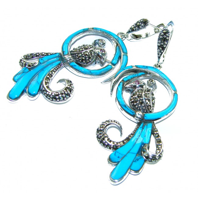 Long! Blue Parrots Natural inlay Turquoise Marcasite .925 Sterling Silver handmade Statament earrings