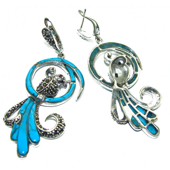 Long! Blue Parrots Natural inlay Turquoise Marcasite .925 Sterling Silver handmade Statament earrings