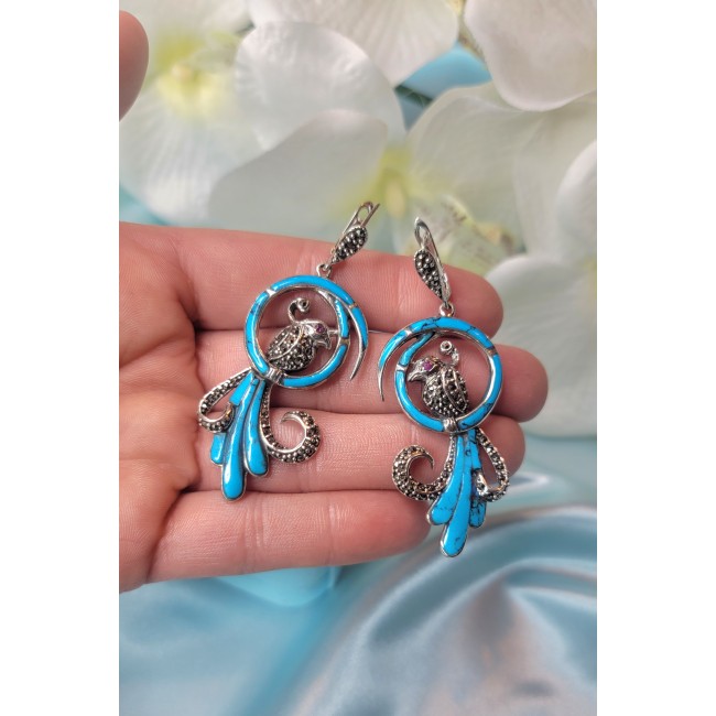Long! Blue Parrots Natural inlay Turquoise Marcasite .925 Sterling Silver handmade Statament earrings