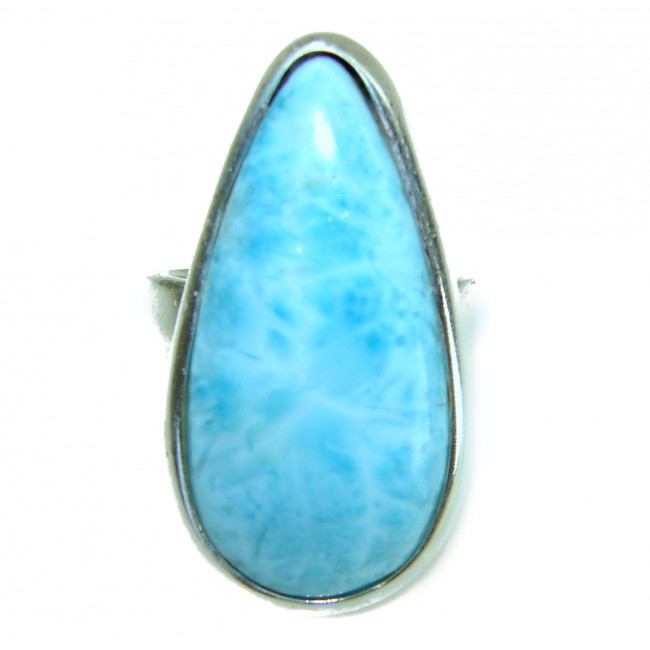 Blue Dreamer authentic Larimar .925 Sterling Silver handmade Large Solid ring size 7 adjustable - Close-up of teardrop Larimar set in .925 sterling silver ring.