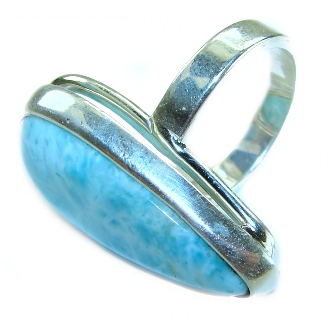 Blue Dreamer authentic Larimar .925 Sterling Silver handmade Large Solid ring size 7 adjustable - Side view of Blue Dreamer Larimar in .925 Sterling Silver ring.