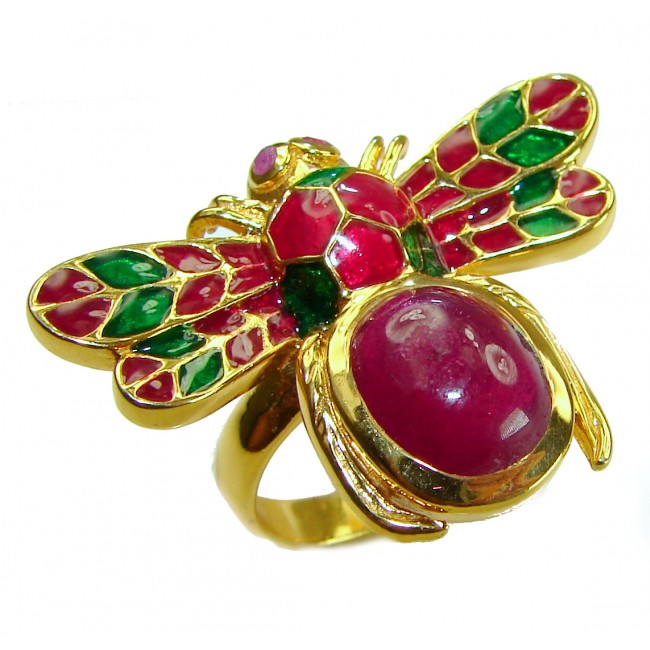 Lucky Bee Enamel 6.2 CARAT Ruby 18K Gold over .925 Sterling Silver Huge handcrafted Ring s. 7 1/2 - Bee-shaped ruby ring in gold, top view showing enamel details.