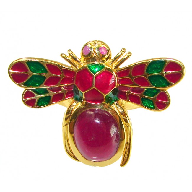 Lucky Bee Enamel 6.2 CARAT Ruby 18K Gold over .925 Sterling Silver Huge handcrafted Ring s. 7 1/2 - Lucky Bee enamel brooch, front view, ruby and gold details visible.