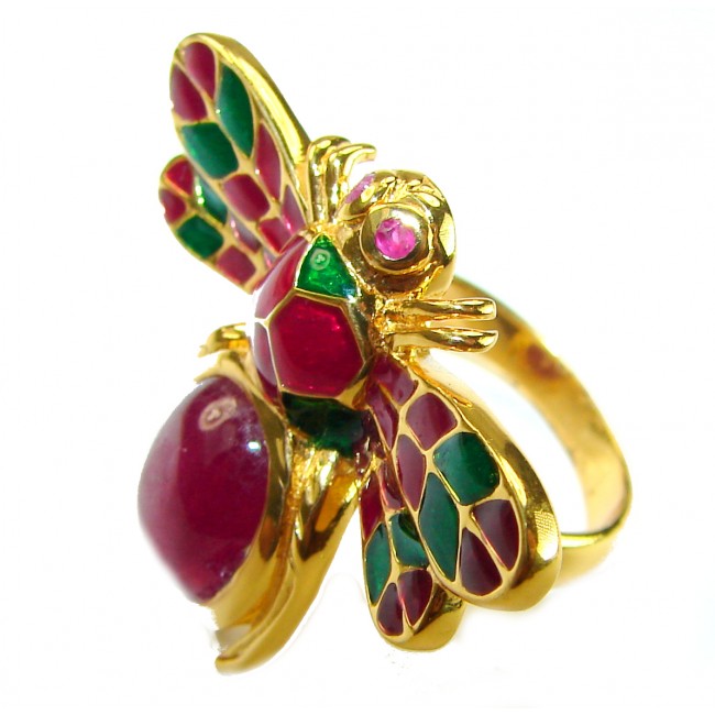 Lucky Bee Enamel 6.2 CARAT Ruby 18K Gold over .925 Sterling Silver Huge handcrafted Ring s. 7 1/2 - Close-up of Lucky Bee ring with ruby and enamel on gold over sterling silver.