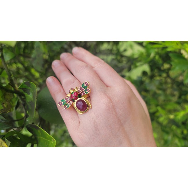 Lucky Bee Enamel 6.2 CARAT Ruby 18K Gold over .925 Sterling Silver Huge handcrafted Ring s. 7 1/2 - Ruby bee ring in gold over sterling, worn on hand, garden background.