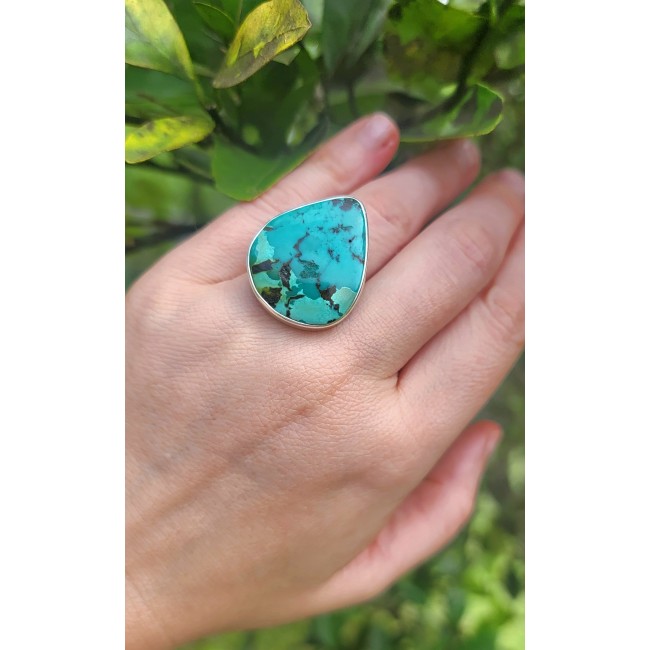 Solid Genuine Blue Turquoise .925 Sterling Silver handcrafted Ring size 7 adjustable