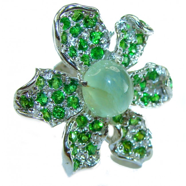 Marvelous Natural 22.2 carat Tsavorite Garnet Prehnite .925 Sterling Silver handmade ring s. 6 1/4
