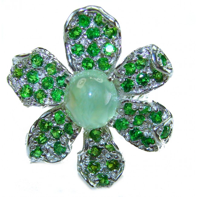 Marvelous Natural 22.2 carat Tsavorite Garnet Prehnite .925 Sterling Silver handmade ring s. 6 1/4