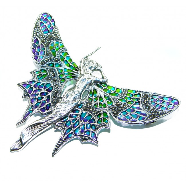 Large Natural Enamel Elf .925 Sterling Silver Brooch Pendant